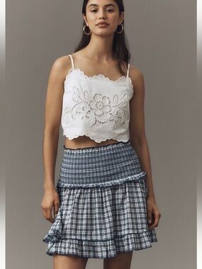Anthropologie Navy and White Smocked Plaid Ruffle Mini Skirt